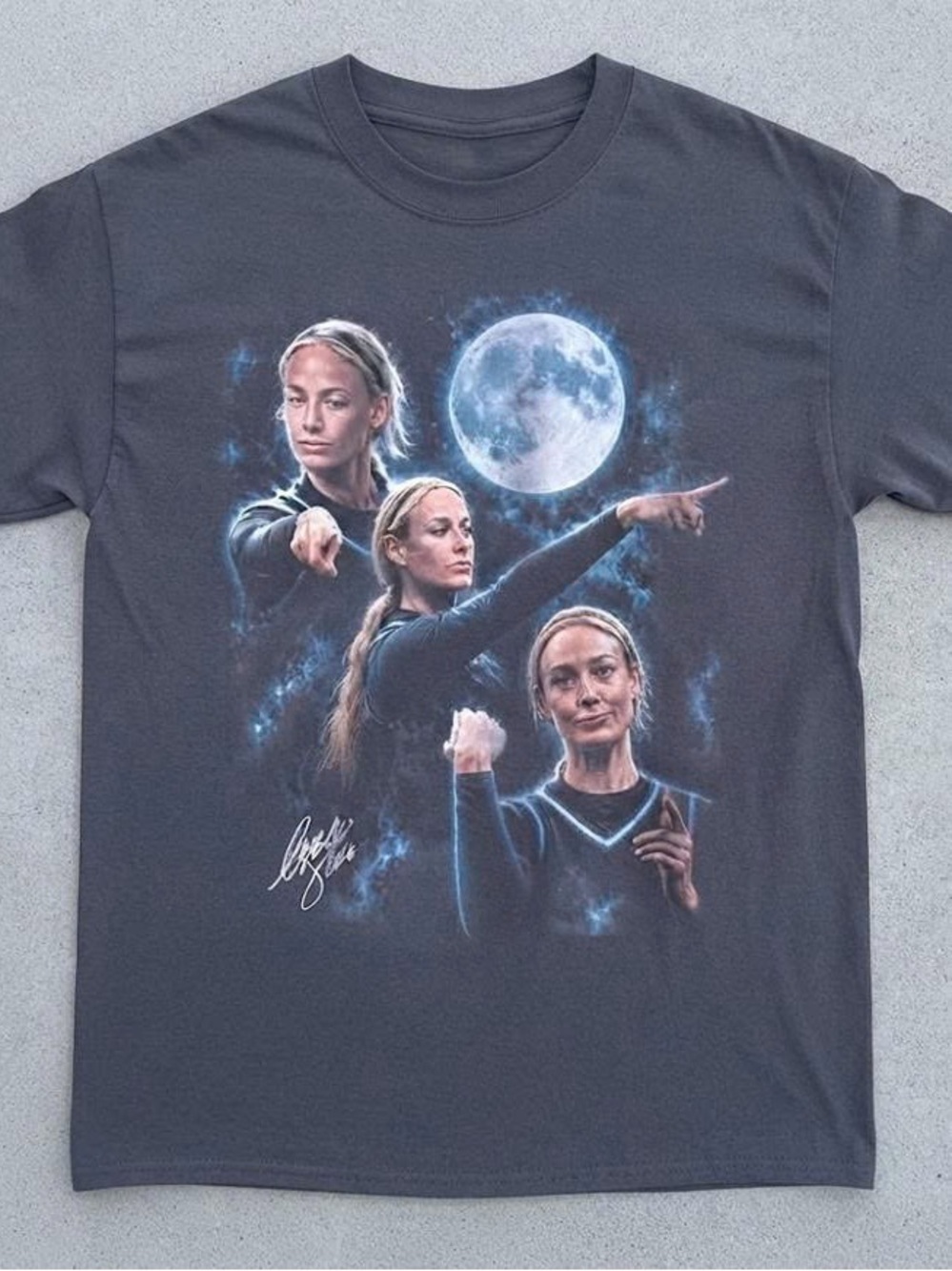 Sophia Cunningham Graphic T-Shirt with Moon & Athlete Design - Dark Gray